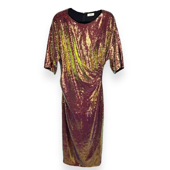 LAPOINTE Sequin Ruched Column Midi Dress Half Sleeves Gold Orange Women's Size 6 - Picture 3 of 8